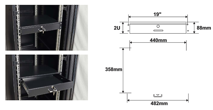 Wymiary i przykład zamocowania szuflady RASR2