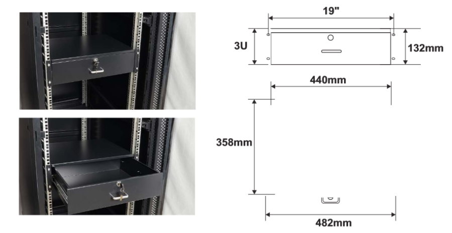 Wymiary i przykład zamocowania szuflady RASR3