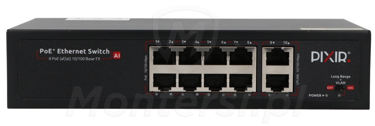 Przycisk reset i przełącznik zmieniający tryb pracy w switchu PIX-POE4AT-2FE