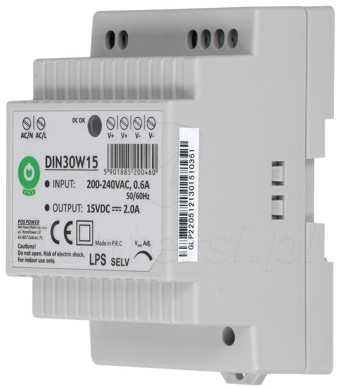 Zasilacz 15V 30W 2A na szynę DIN IP20