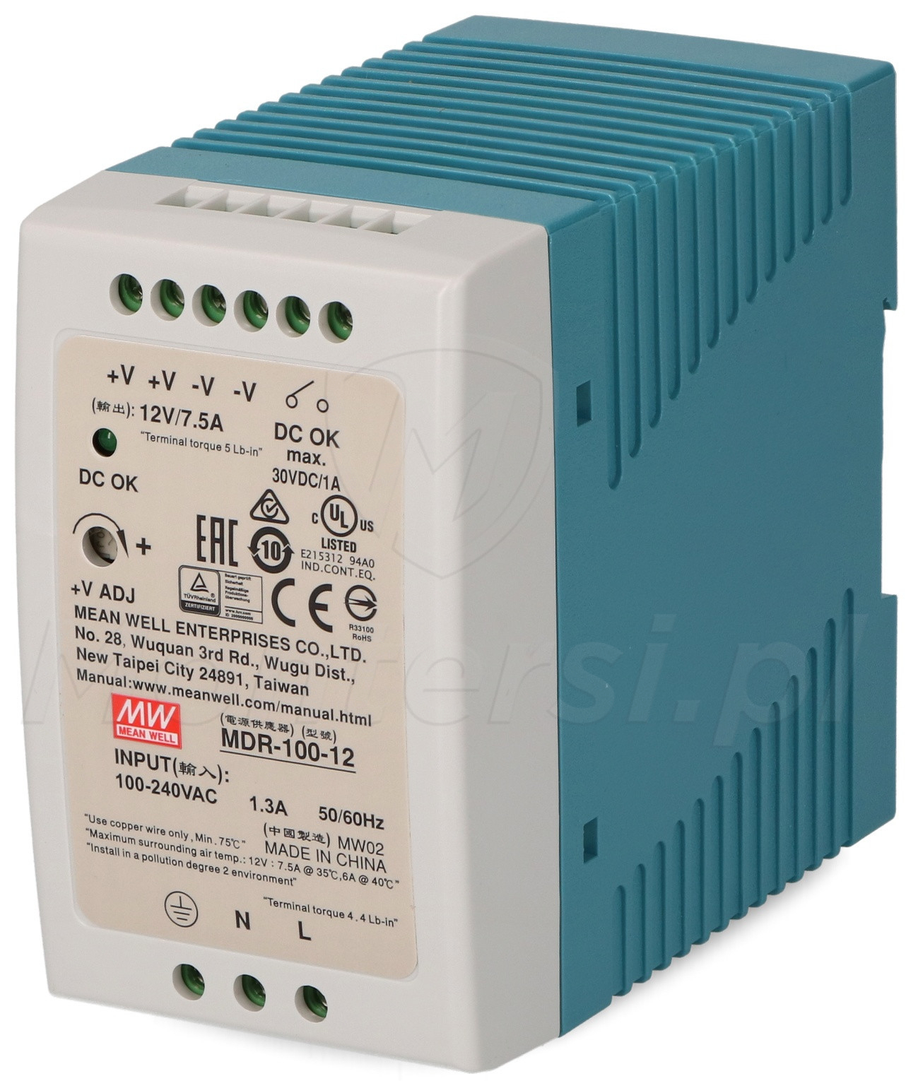 MDR-100-12 - Zasilacz na szynę DIN 12V/1x7.5A