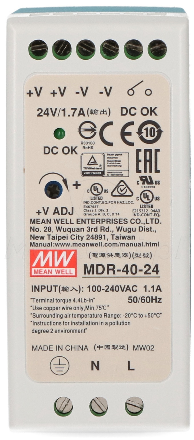 MDR-40-24 - Zasilacz na szynę DIN 24V/1x1.7A