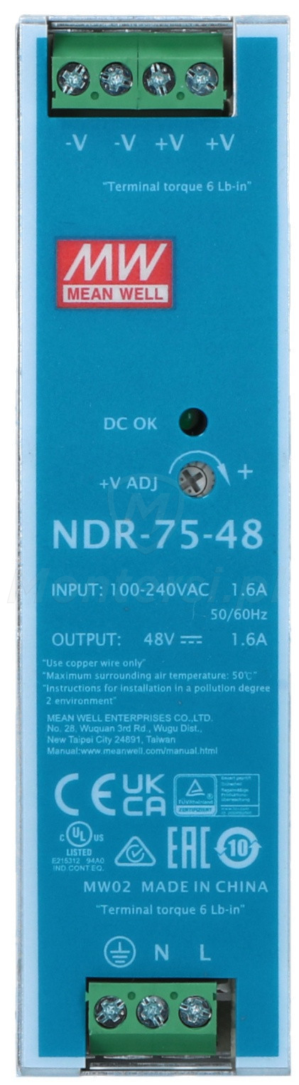 NDR-75-48 - Zasilacz na szynę DIN 48V/1.6A