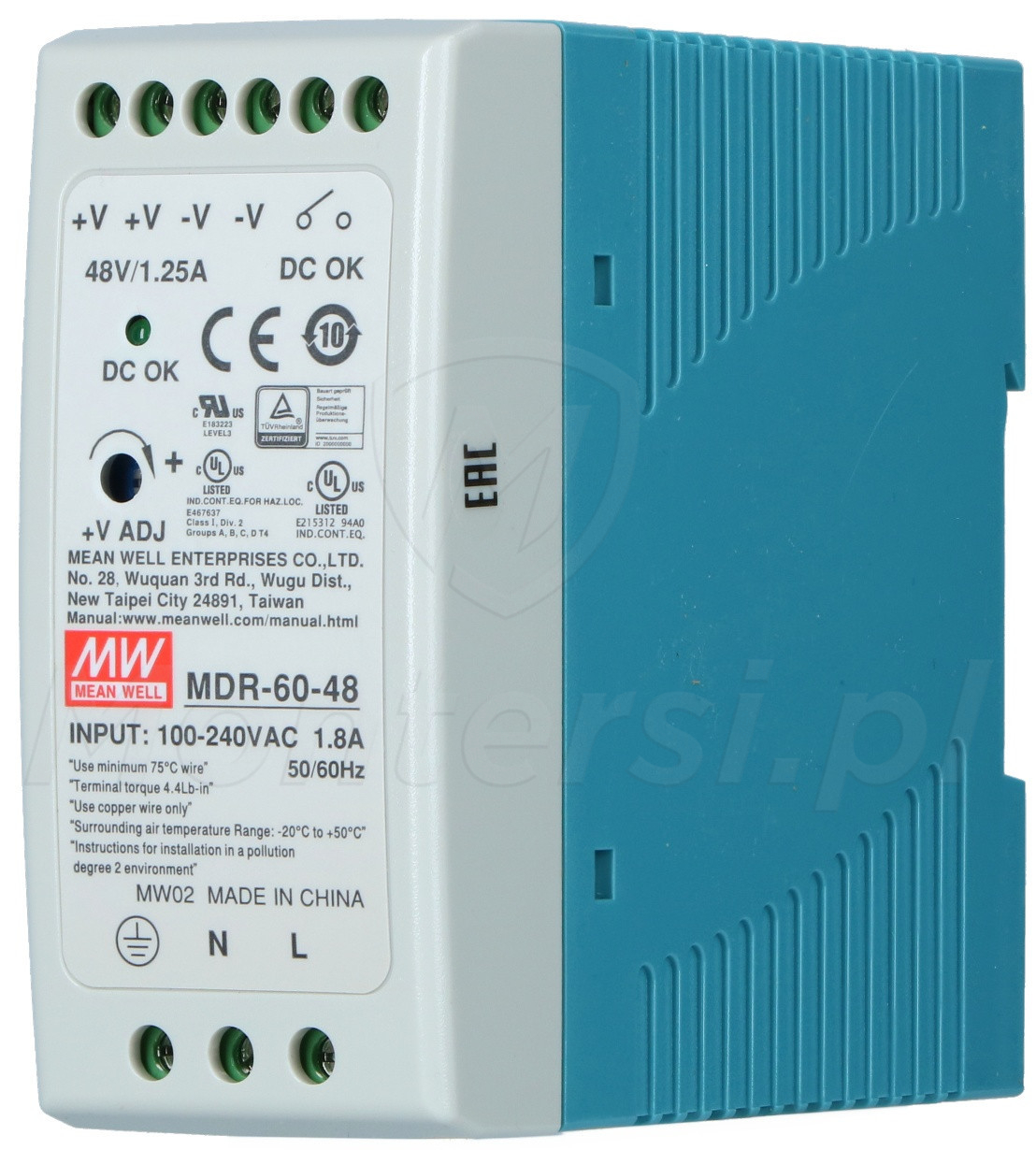 MDR-60-48 - Zasilacz na szynę DIN 48V/1x1.25A