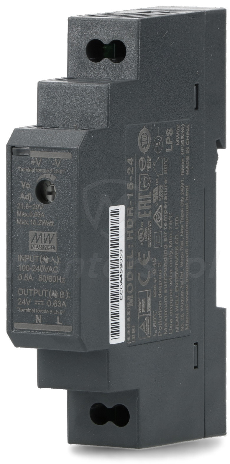 HDR-15-24 - Zasilacz na szynę DIN 15 W, 24V DC / 0.63 A