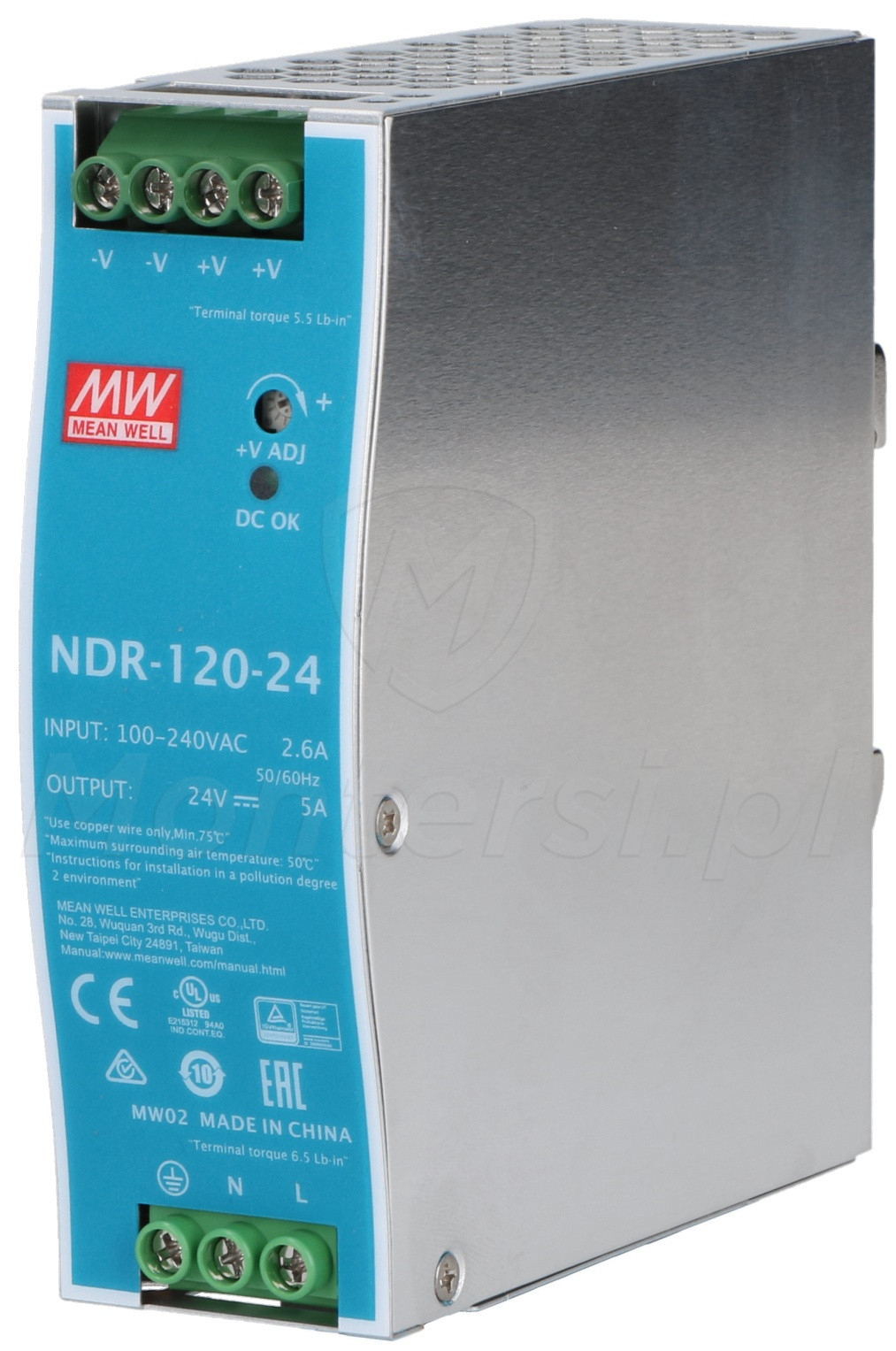 NDR-120-24 - Zasilacz na szynę DIN 24V/120W/5A