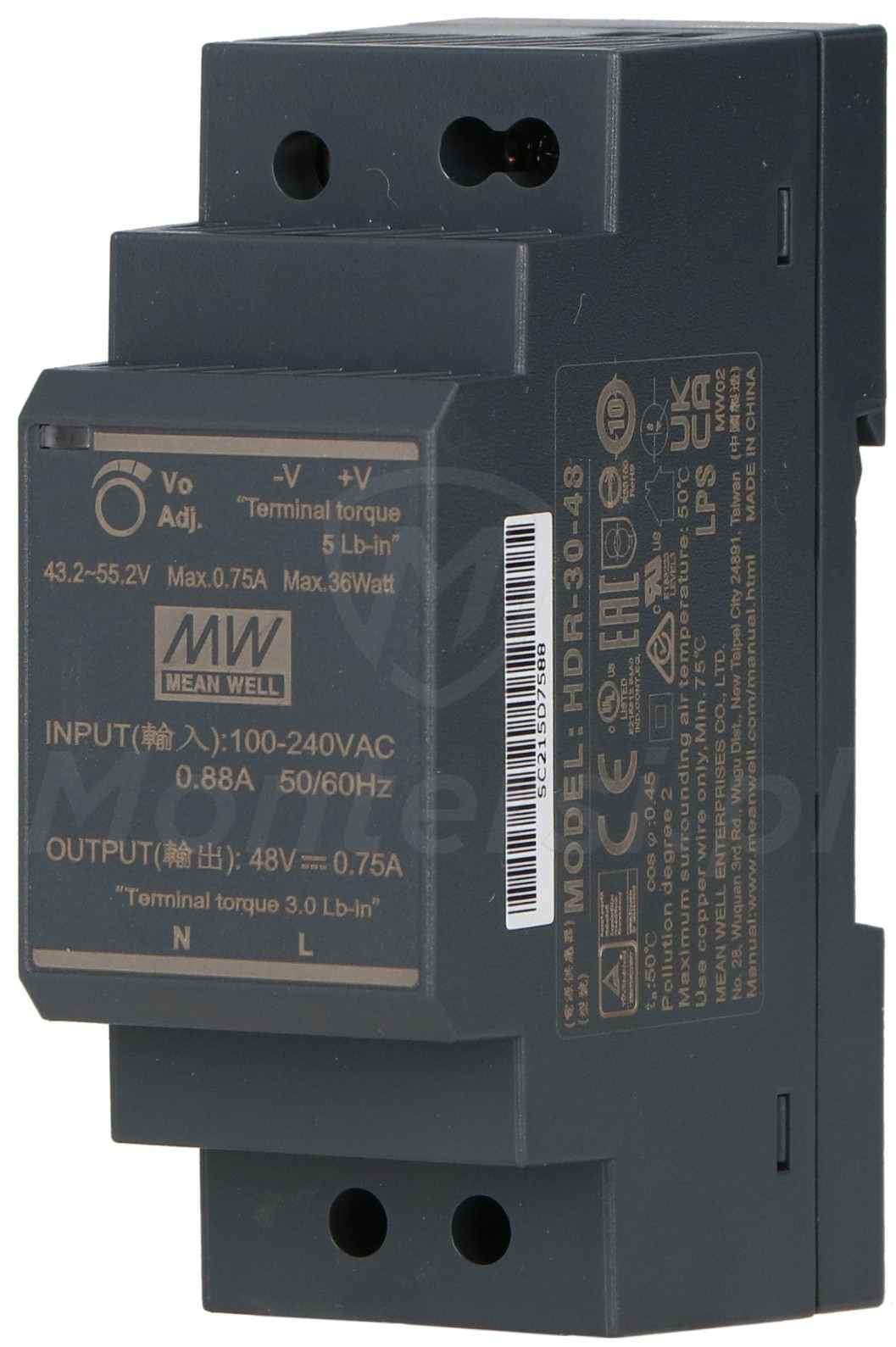 HDR-30-48 - Zasilacz na szynę DIN 48V/0.75A