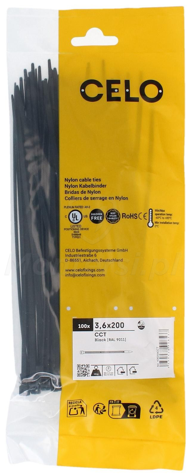 Opaska kablowa czarna 3,6 x 200 mm - 100szt