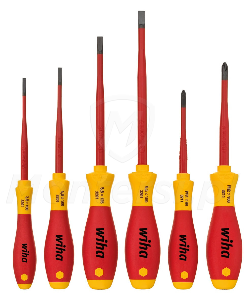 WIHA 35389 - Zestaw wkrętaków dla elektryków, 6 wkrętaków, izolowane uchwyty, wąski trzonek