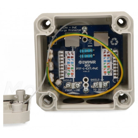 Wnętrze zabezpieczenia przepięciowego BOX PTF-1-EXT/PoE