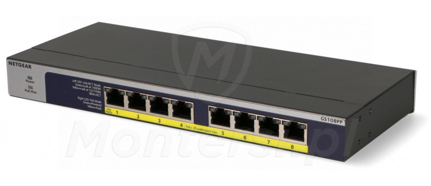 GS108PP - 8-portowy switch PoE, 8x PoE 802.3af/at