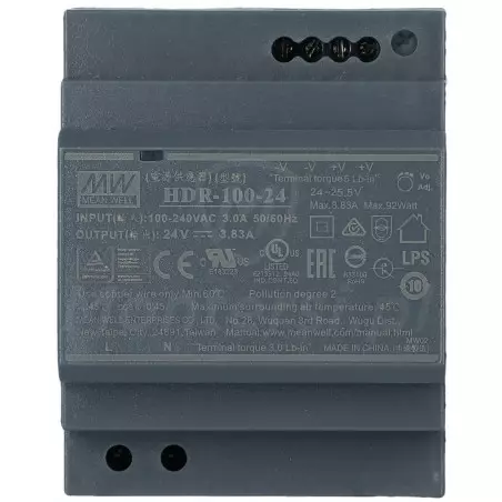 HDR-100-24 - Zasilacz na szynę DIN 24V/3.83A - front