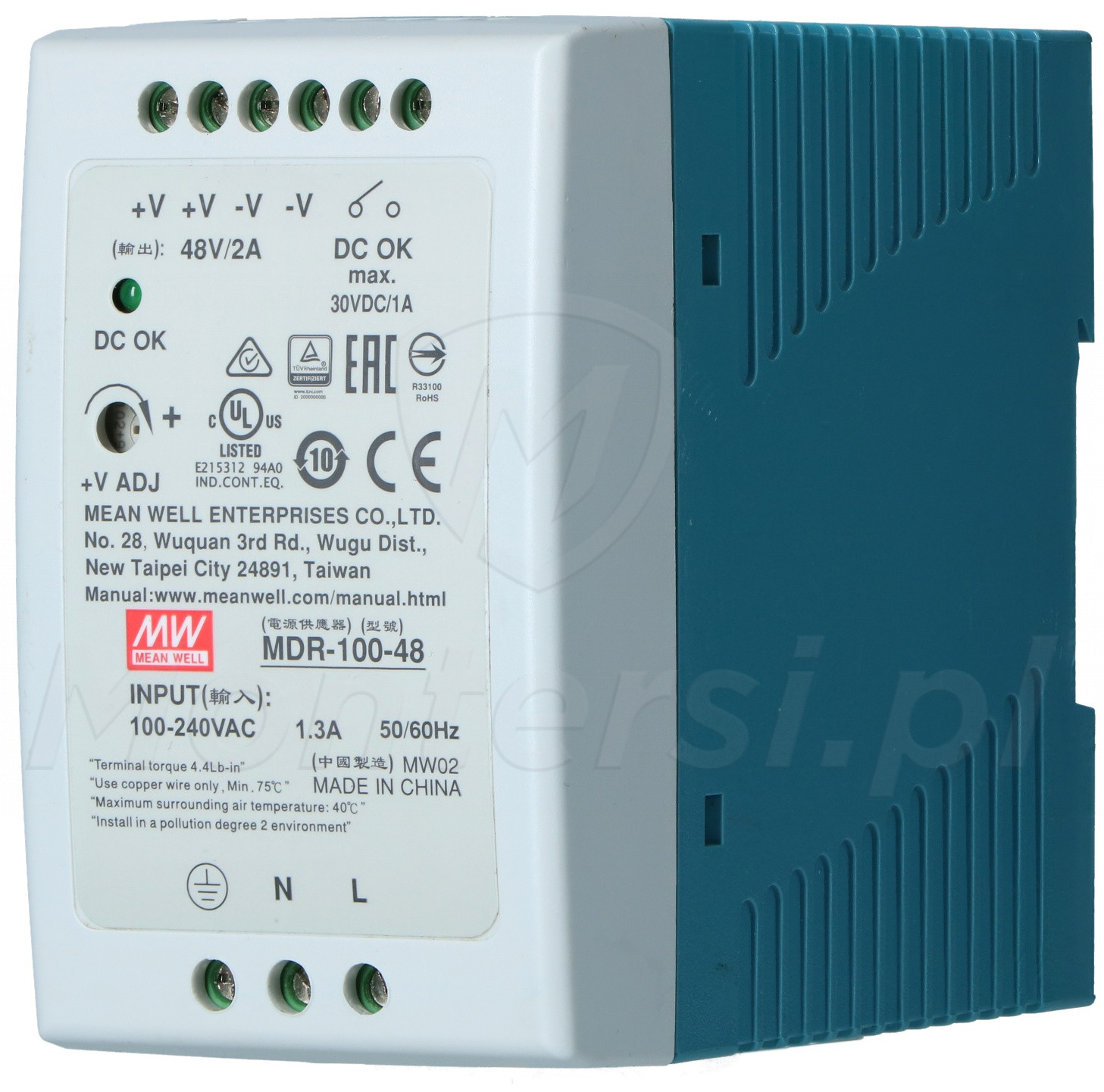 MDR-100-48 - Zasilacz na szynę DIN 48V/1x2A