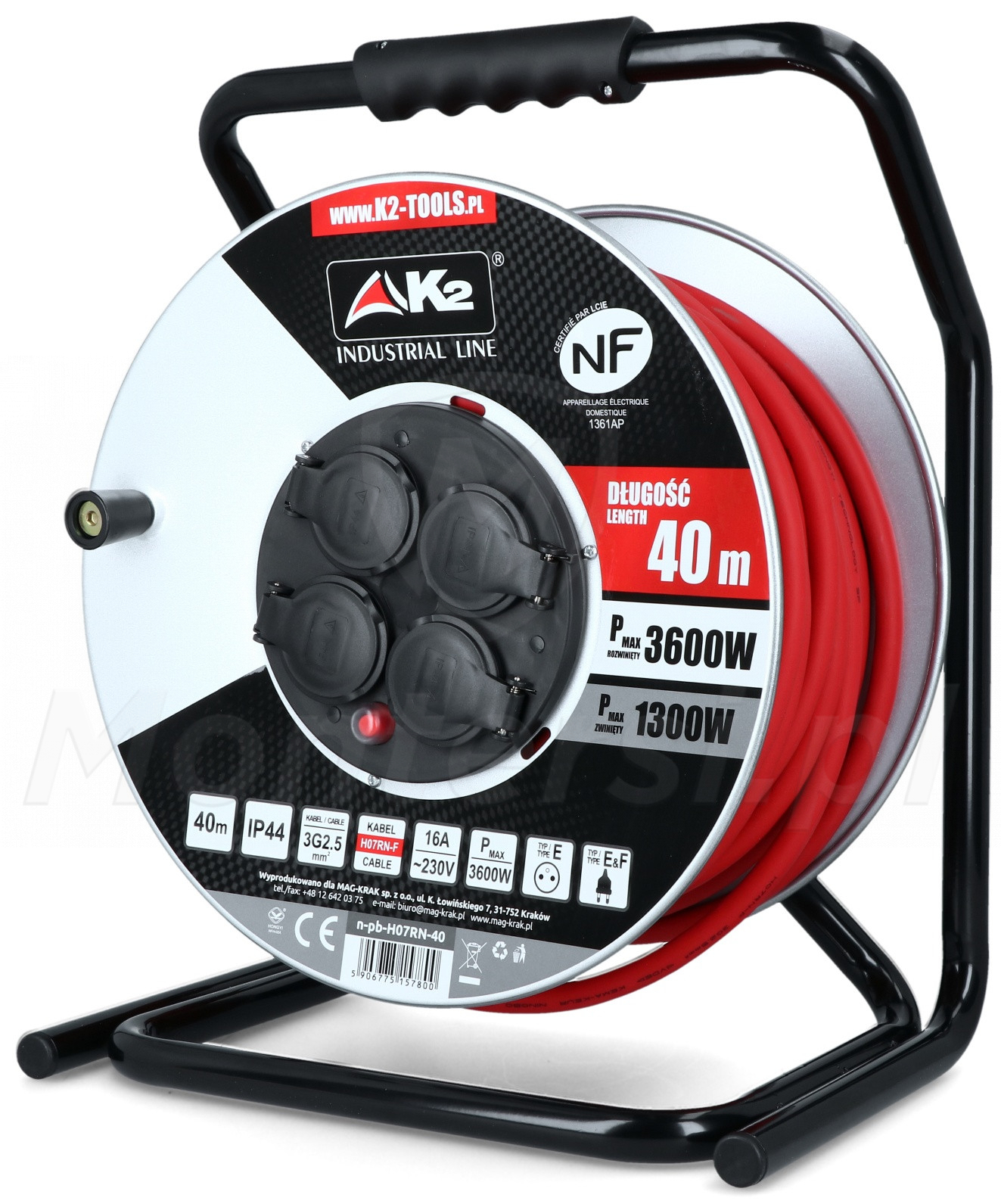 Przedłużacz na bębnie metalowym 40m, 16A, 3600W