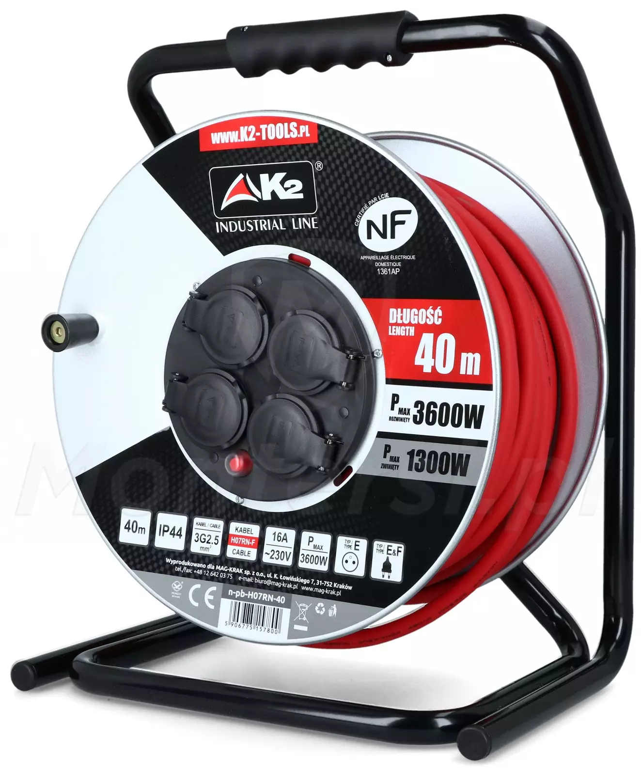 Przedłużacz na bębnie metalowym 40m, 16A, 3600W
