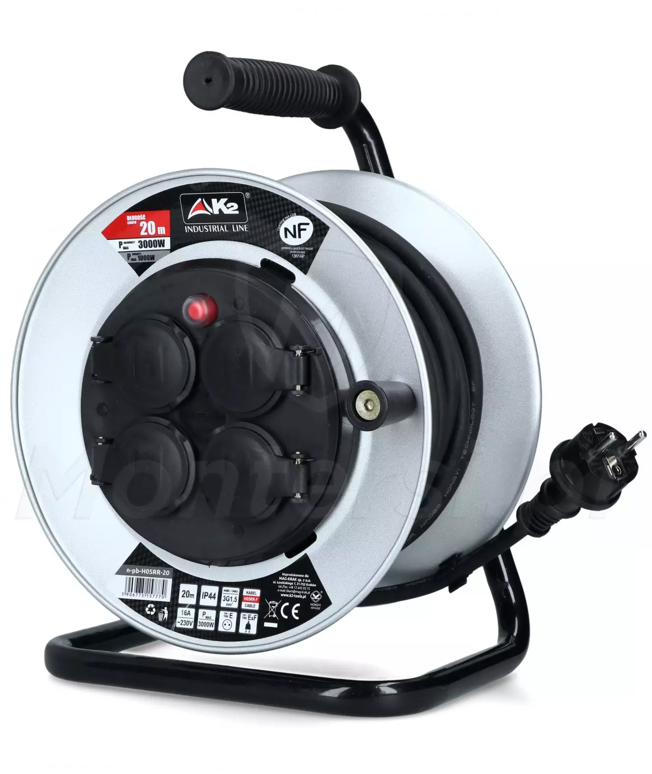 Przedłużacz na bębnie metalowym 20m, 16A, 3000W