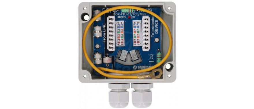 Wnętrze zabezpieczenia przeciwprzepięciowego BOX PTU-51/EXT/PoE/Mini