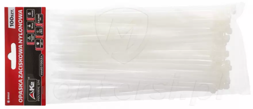 Opakowanie białych opasek nylonowych 200/3.6
