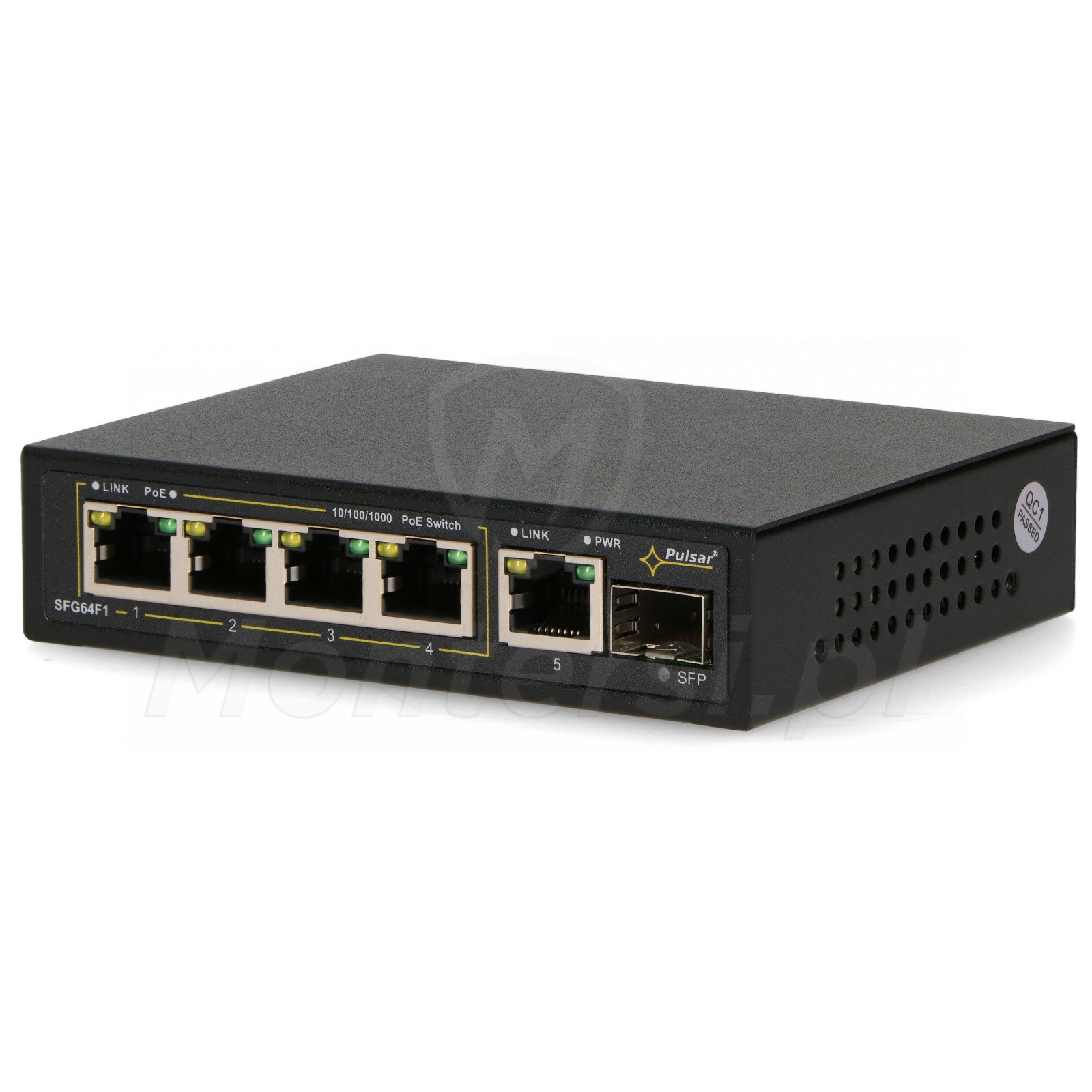 SFG64 - 6-portowy switch, 4x PoE at/af GE, UPLINK, SFP UPLINK - front