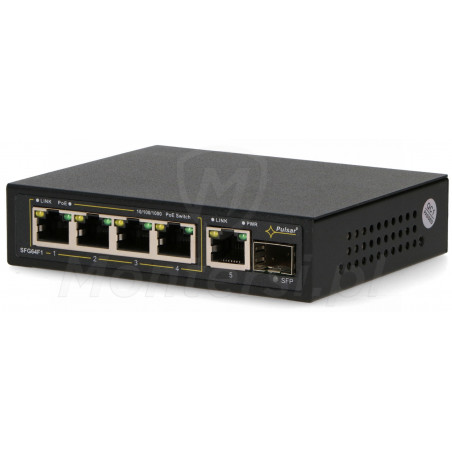 SFG64 - 6-portowy switch, 4x PoE at/af GE, UPLINK, SFP UPLINK - front