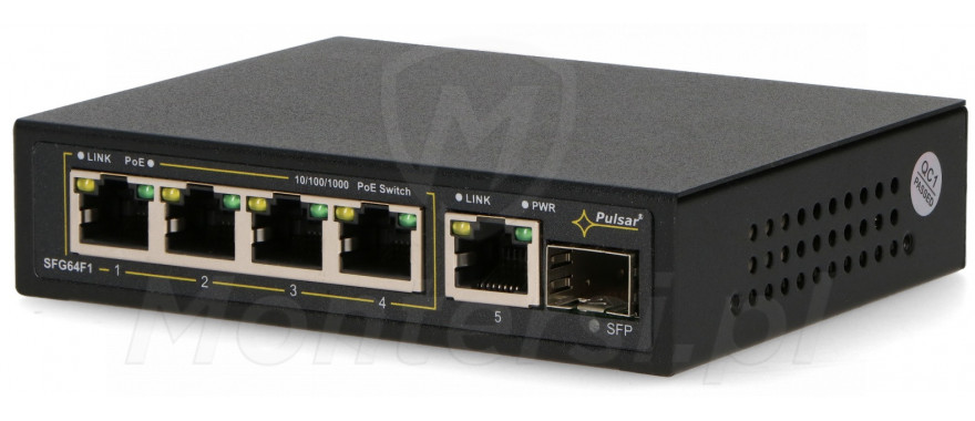 SFG64 - 6-portowy switch, 4x PoE at/af GE, UPLINK, SFP UPLINK - front