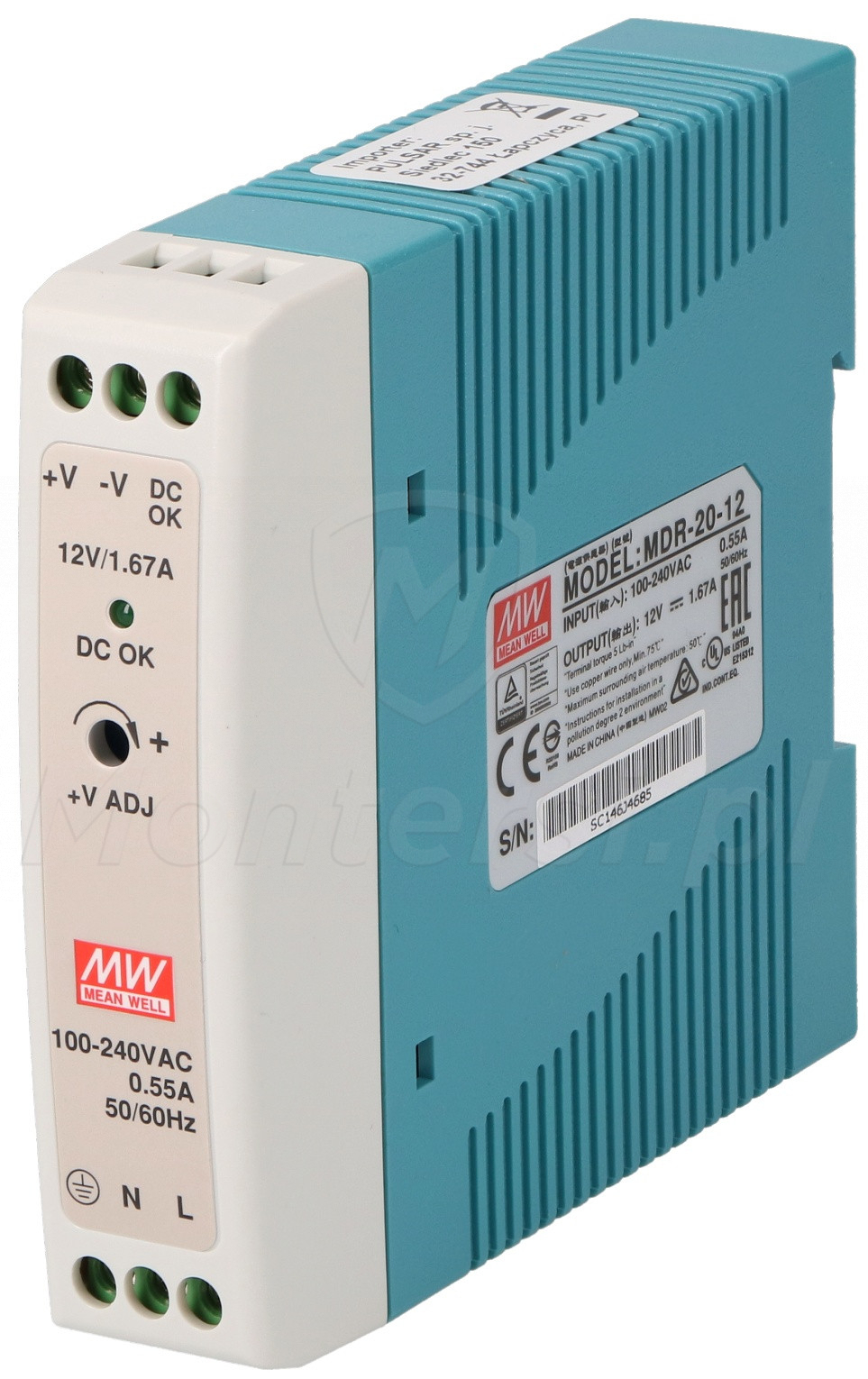 MDR-20-12 - Zasilacz na szynę DIN 12V/1x1.67A