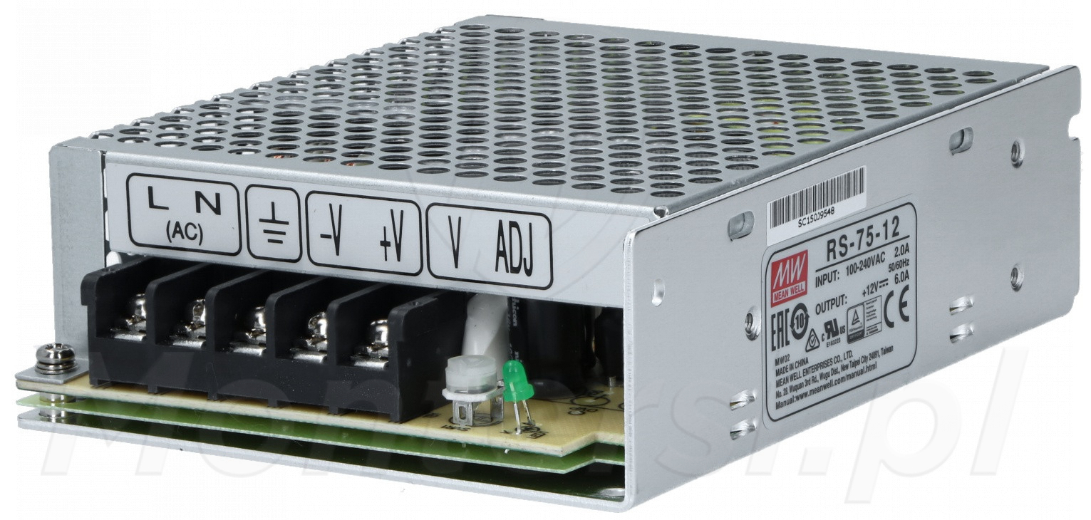 RS-75-12 - Przemysłowy zasilacz impulsowy 12V/1x6A RS-75-12 - Przemysłowy zasilacz impulsowy 12V/1x6A