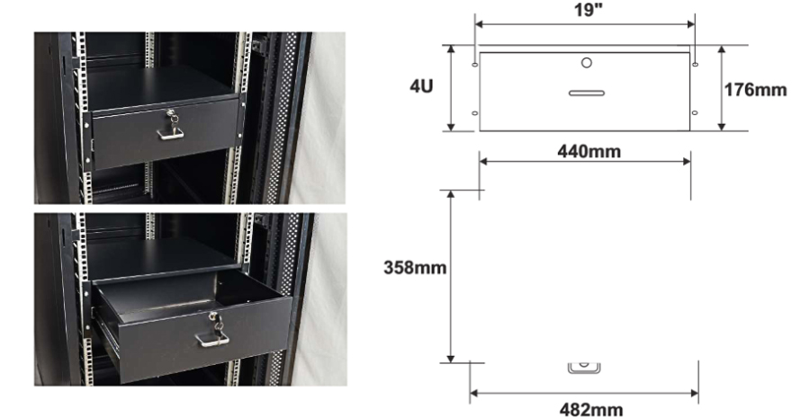 Wymiary i przykład zamocowania szuflady RASR4