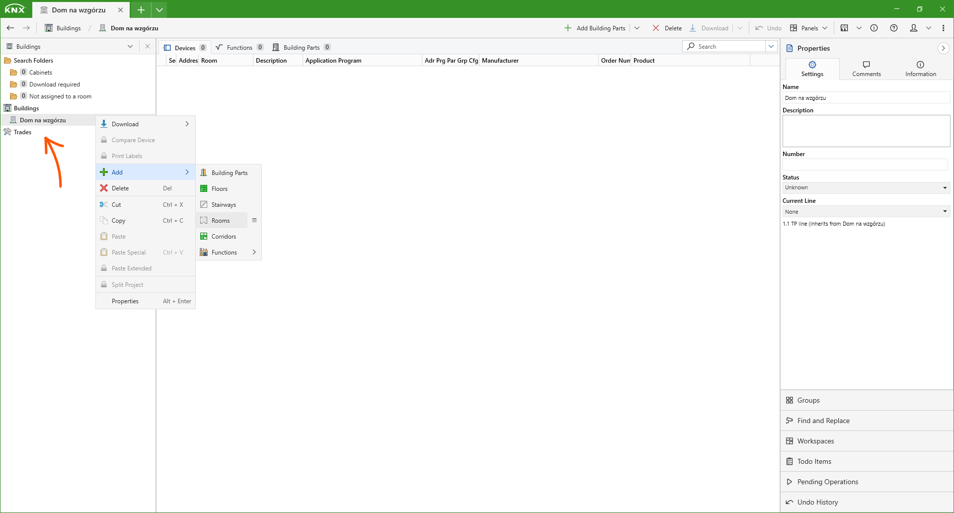 ets knx dodawanie nowego pomieszczenia