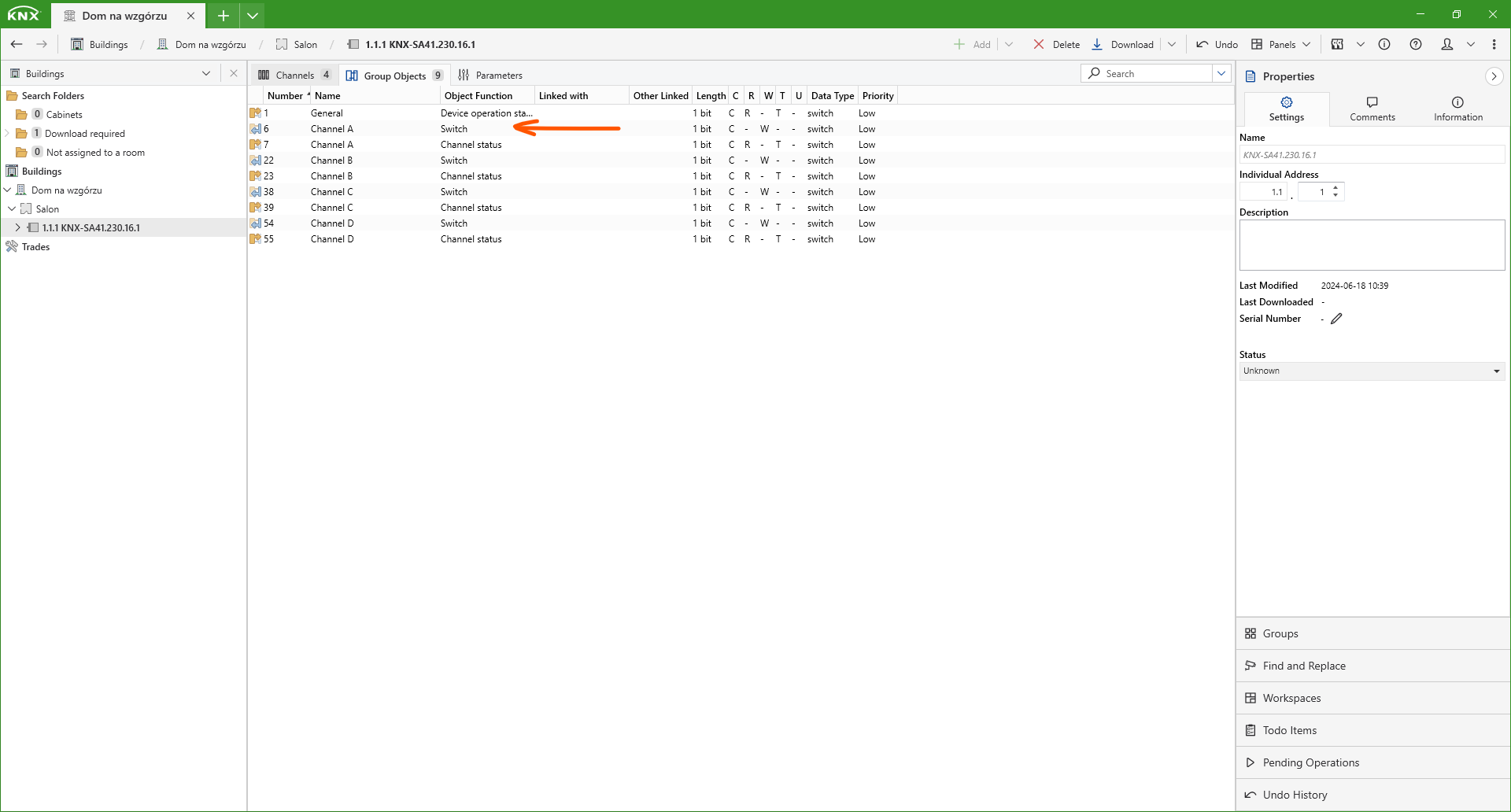 ets knx obiekty grupowe