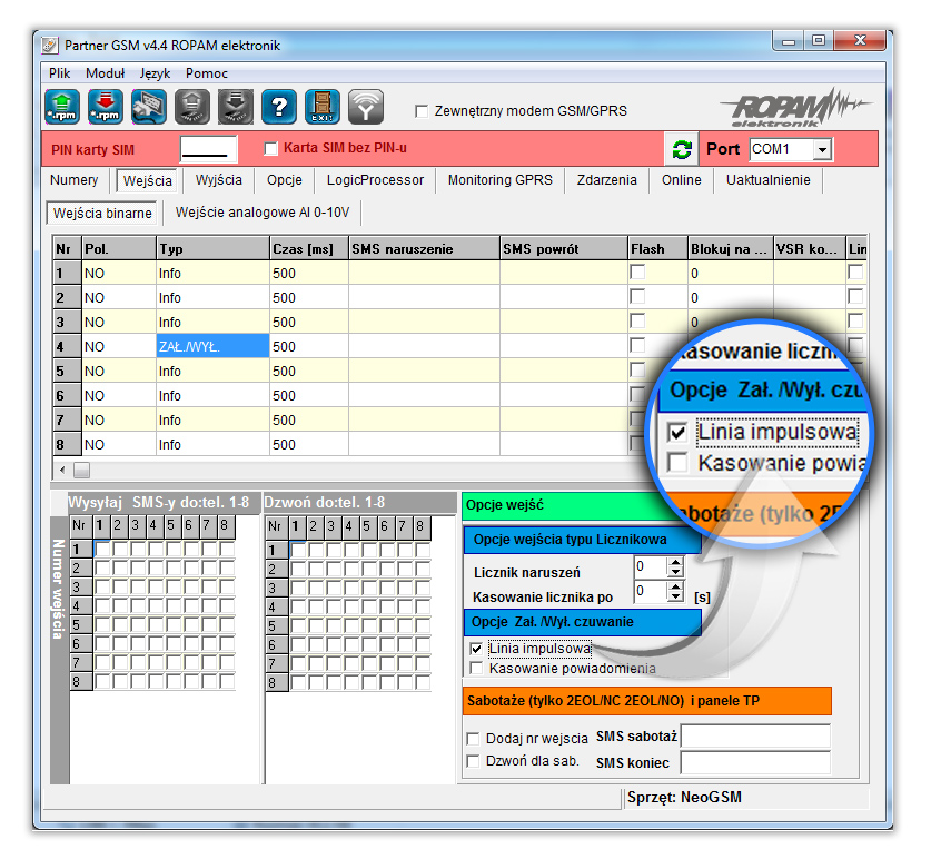 Konfiguracja wejść centrali NeoGSM