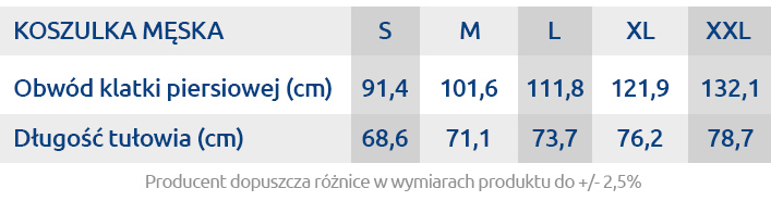 tabelka z rozmiarem koszulki męskiej NICE