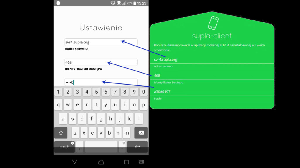 dane dostępowe do serwera SUPLA znajdują się w zielonym formularzu